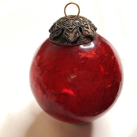 Antique GERMAN KUGEL Ornament Bulb HEAVY Red Crackle Mercury Glass Brass Top 3”